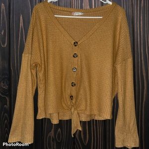 Waffle Knit Button Tie Front Top